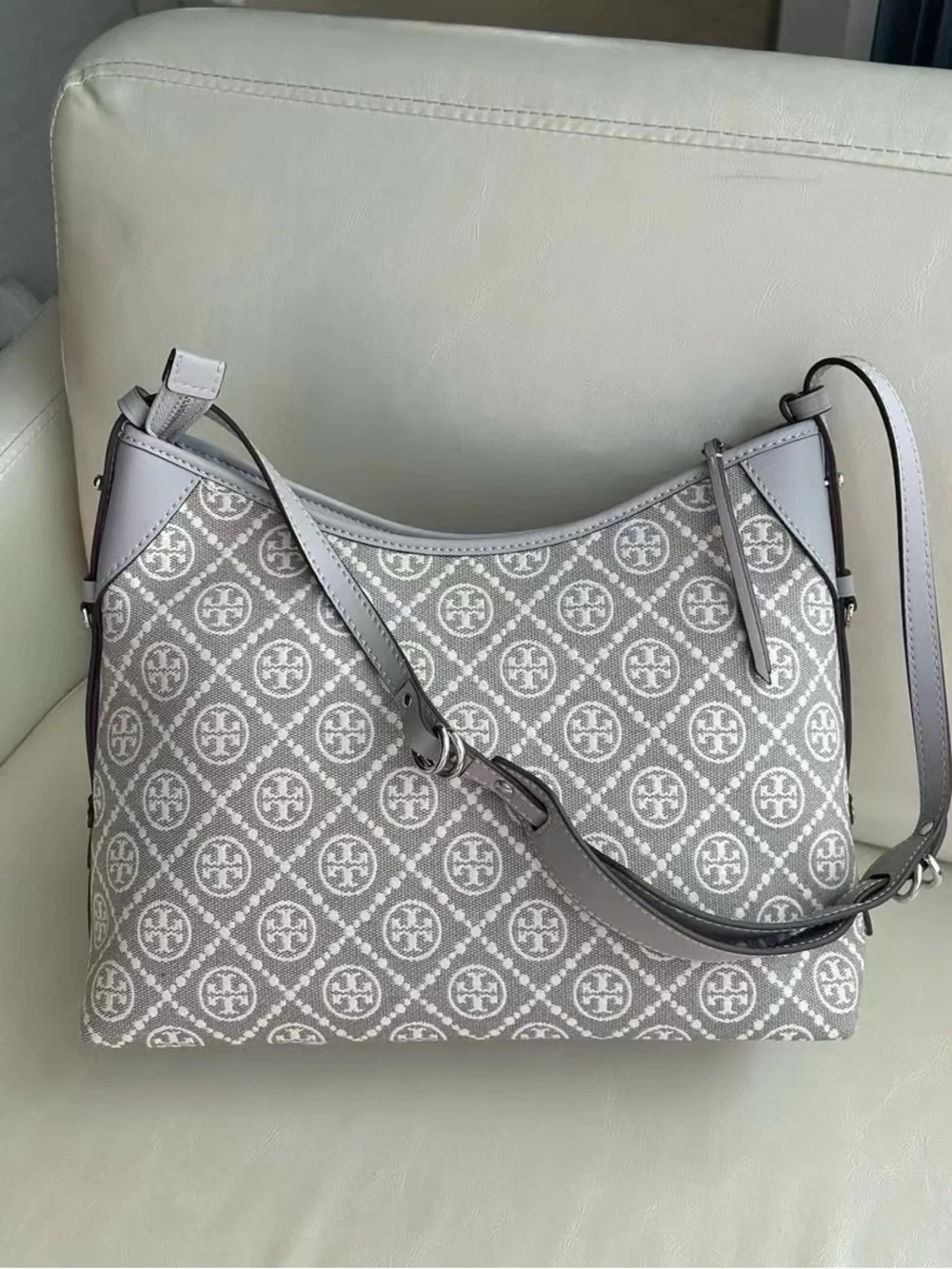 Gray and White Logo Jacquard Shoulder Bag